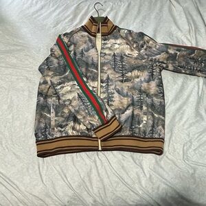 Gucci Multicolor Forest-Print Bomber Jacket with Signature Red & Green Stripe